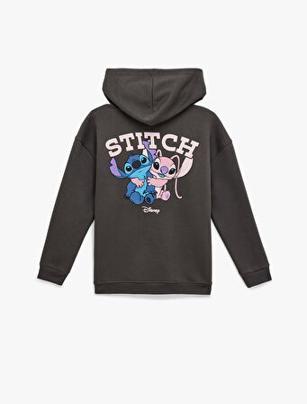 Stitch Lisanslı Baskılı Uzun Kollu Kapüşonlu Oversize Sweatshirt