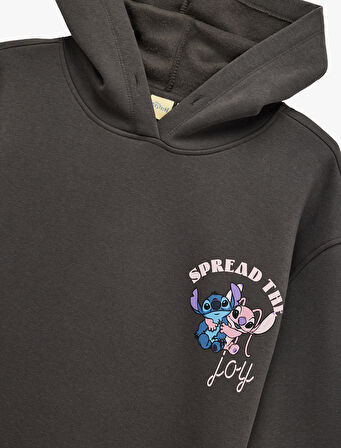 Stitch Lisanslı Baskılı Uzun Kollu Kapüşonlu Oversize Sweatshirt
