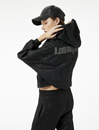 Şardonlu Kapüşonlu Baskılı Simli Cep Detaylı Fermuarlı Sweatshirt