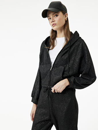 Şardonlu Kapüşonlu Baskılı Simli Cep Detaylı Fermuarlı Sweatshirt