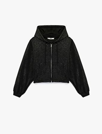 Şardonlu Kapüşonlu Baskılı Simli Cep Detaylı Fermuarlı Sweatshirt