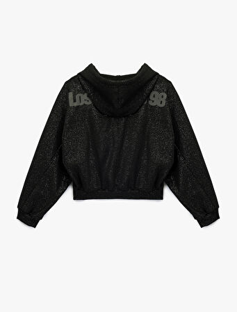 Şardonlu Kapüşonlu Baskılı Simli Cep Detaylı Fermuarlı Sweatshirt