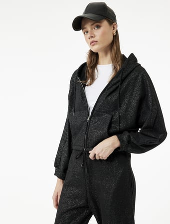 Şardonlu Kapüşonlu Baskılı Simli Cep Detaylı Fermuarlı Sweatshirt