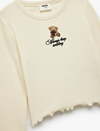 Uzun Kollu Bisiklet Yaka Ayıcık Nakışlı Pamuklu Tişört