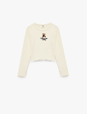 Uzun Kollu Bisiklet Yaka Ayıcık Nakışlı Pamuklu Tişört