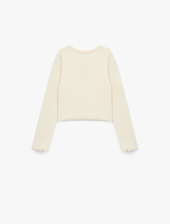 Uzun Kollu Bisiklet Yaka Ayıcık Nakışlı Pamuklu Tişört