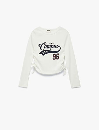 Pamuklu Uzun Kollu Büzgü Detaylı Bisiklet Yaka Crop Tişört