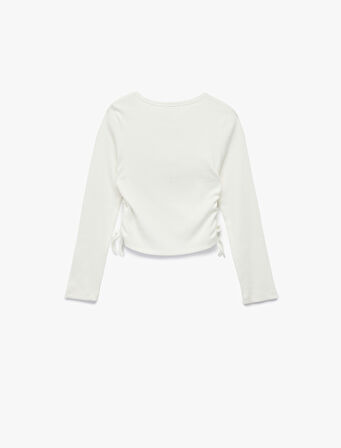 Pamuklu Uzun Kollu Büzgü Detaylı Bisiklet Yaka Crop Tişört