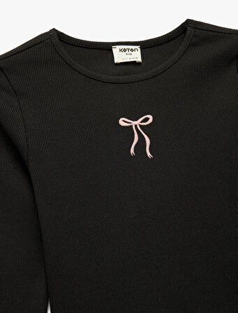 Pamuklu Fiyonk Baskılı Bisiklet Yaka Uzun Kollu Tişört