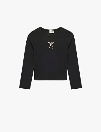 Pamuklu Fiyonk Baskılı Bisiklet Yaka Uzun Kollu Tişört