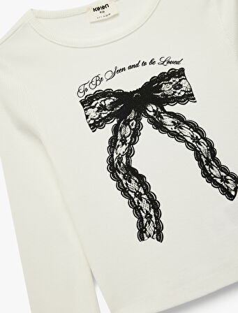 Pamuklu Uzun Kollu Bisiklet Yaka Fiyonk Baskılı Tişört