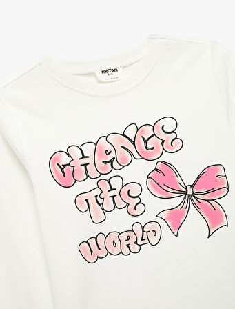 Pamuklu Uzun Kollu Bisiklet Yaka Fiyonk Baskılı Tişört