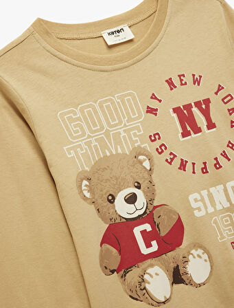 Ayıcık Baskılı Uzun Kollu Bisiklet Yaka Pamuklu Tişört