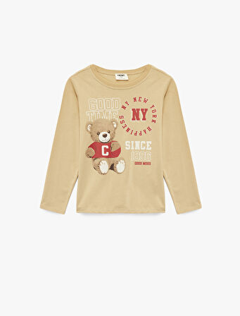 Ayıcık Baskılı Uzun Kollu Bisiklet Yaka Pamuklu Tişört