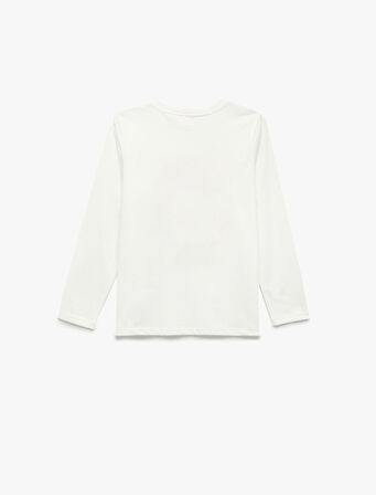 Uzun Kollu Bisiklet Yaka Ayıcık Baskılı Pamuklu Tişört