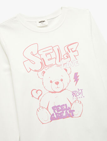 Uzun Kollu Bisiklet Yaka Ayıcık Baskılı Pamuklu Tişört