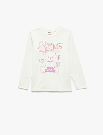 Uzun Kollu Bisiklet Yaka Ayıcık Baskılı Pamuklu Tişört