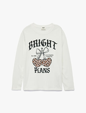 Pamuklu Bisiklet Yaka Simli Baskılı Uzun Kollu Tişört