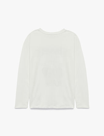 Pamuklu Bisiklet Yaka Simli Baskılı Uzun Kollu Tişört