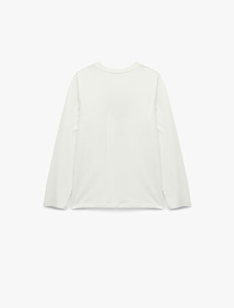 Pamuklu Uzun Kollu Bisiklet Yaka Simli Fiyonk Baskılı Tişört