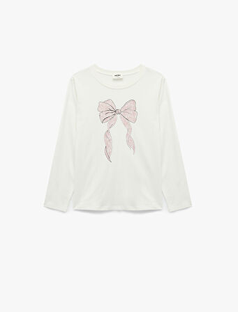 Pamuklu Uzun Kollu Bisiklet Yaka Simli Fiyonk Baskılı Tişört