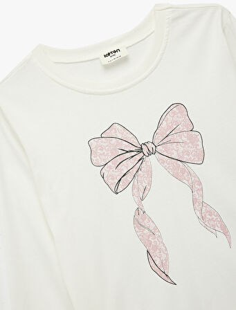 Pamuklu Uzun Kollu Bisiklet Yaka Simli Fiyonk Baskılı Tişört