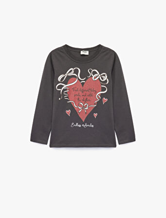 Uzun Kollu Bisiklet Yaka Kalp Baskılı Pamuklu Tişört