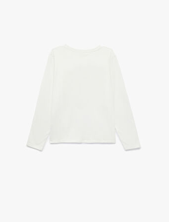 Uzun Kollu Pamuklu Bisiklet Yaka Simli Kalp Baskılı Tişört