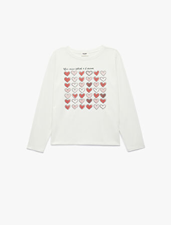 Uzun Kollu Pamuklu Bisiklet Yaka Simli Kalp Baskılı Tişört