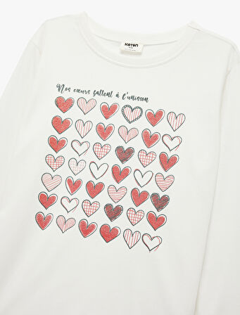 Uzun Kollu Pamuklu Bisiklet Yaka Simli Kalp Baskılı Tişört