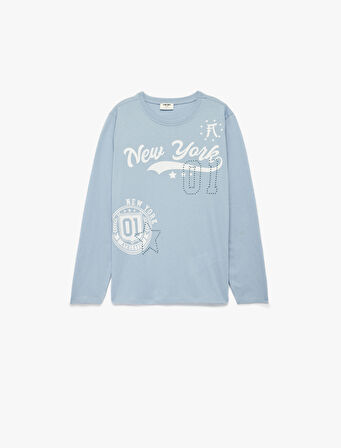 Bisiklet Yaka Pamuklu Baskılı Uzun Kollu Tişört