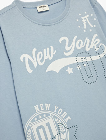 Bisiklet Yaka Pamuklu Baskılı Uzun Kollu Tişört