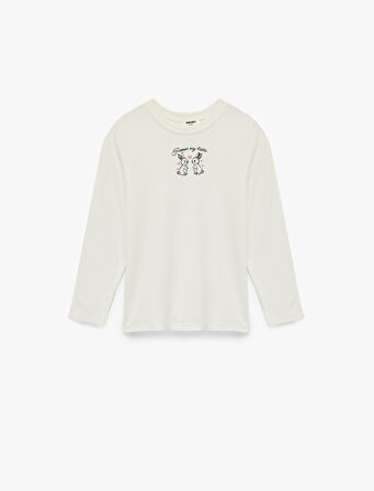 xUzun Kollu Bisiklet Yaka Tavşan Nakışlı Pamuklu Tişört