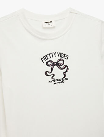 Pamuklu Uzun Kollu Bisiklet Yaka Nakış Detaylı Tişört