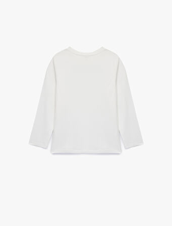 Pamuklu Uzun Kollu Bisiklet Yaka Nakış Detaylı Tişört