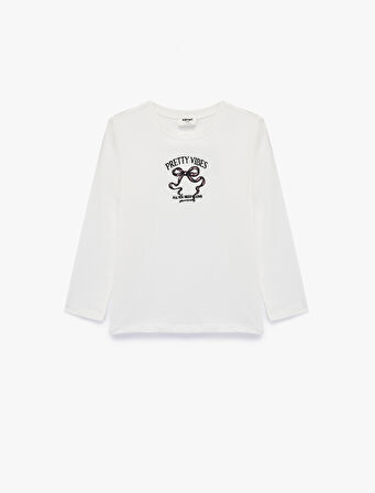 Pamuklu Uzun Kollu Bisiklet Yaka Nakış Detaylı Tişört