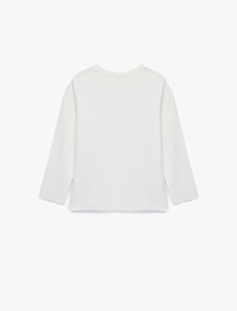 Pamuklu Uzun Kollu Bisiklet Yaka Nakışlı Tişört