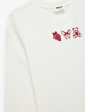 Pamuklu Uzun Kollu Bisiklet Yaka Nakışlı Tişört