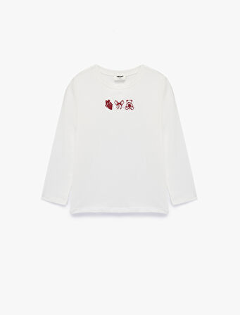 Pamuklu Uzun Kollu Bisiklet Yaka Nakışlı Tişört