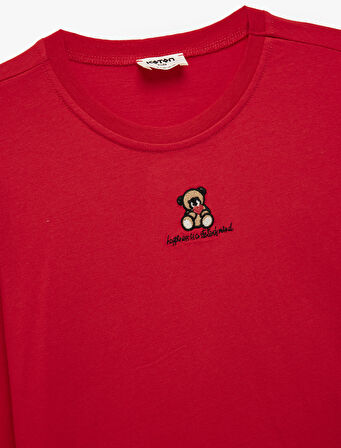 Uzun Kollu Bisiklet Yaka Nakış Detaylı Pamuklu Tişört