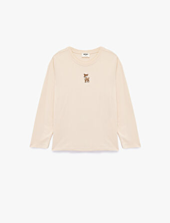 Uzun Kollu Bisiklet Yaka Nakışlı Pamuklu Tişört