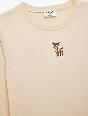 Uzun Kollu Bisiklet Yaka Nakışlı Pamuklu Tişört