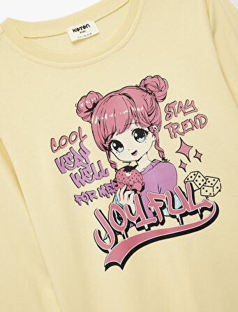 Pamuklu Uzun Kollu Bisiklet Yaka Anime Baskılı Tişört