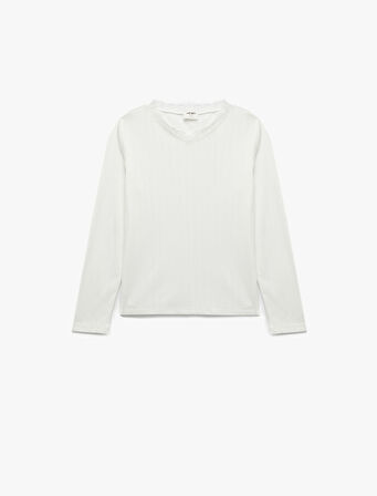 Dantel Yaka Detaylı Uzun Kollu V Yaka Tişört