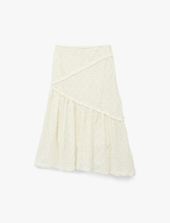 Dantel Detaylı Beli Lastikli Volanlı Midi Etek