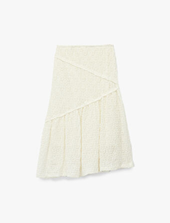 Dantel Detaylı Beli Lastikli Volanlı Midi Etek