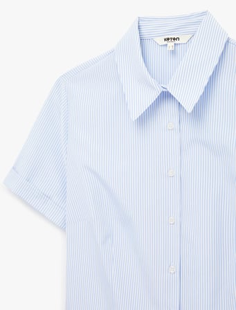 Slim Fit Klasik Yaka Kısa Kollu Çizgili Poplin Gömlek