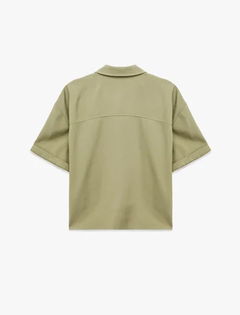 Cupro Kumaş Gömlek Yaka Yarım Fermuarlı Kısa Kollu Oversize Bluz