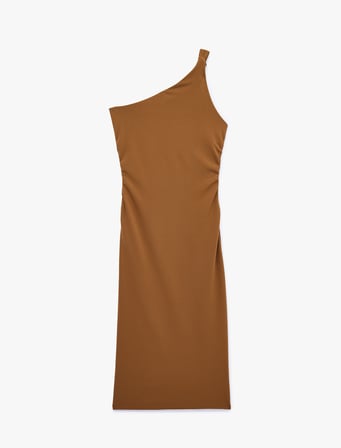 Slim Fit Aksesuar Detaylı Drapeli Midi Boy Tek Omuz Kalem Elbise