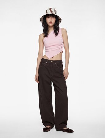 Straplez Kolsuz Slim Fit Büzgülü Asimetrik Bluz